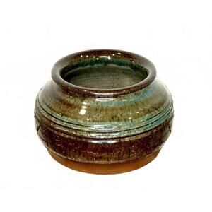 Vintage Canadian Studio Pottery Vessel by Signed Teal & Brown Glaze